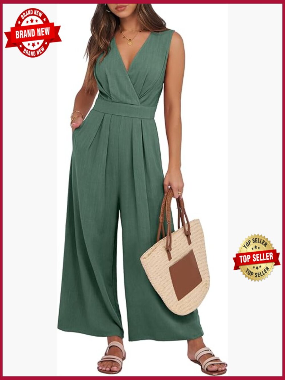 Women's Sleeveless V Neck Jumpsuit with Wide Leg
